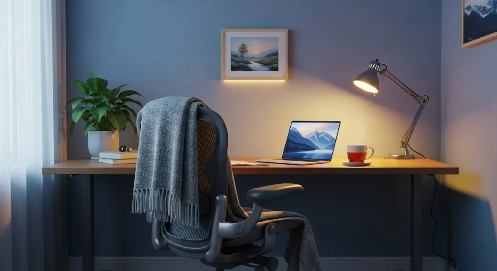 Cozy home office with artwork, blue walls, and a small blanket