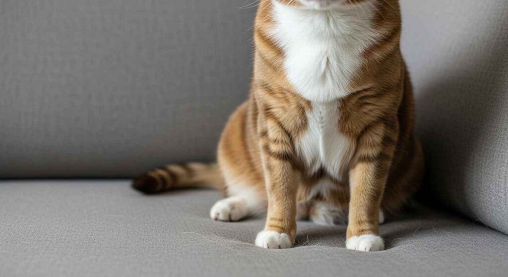 Dog sitting on fabric couch showing pet hair and potential odor sources