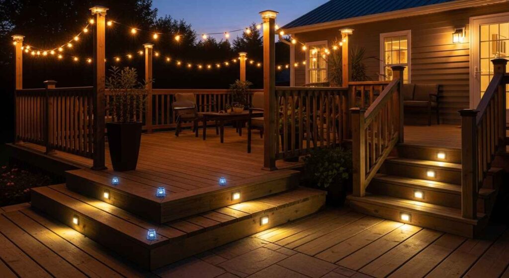 Three images showing deck construction phases from basic frame to finished product