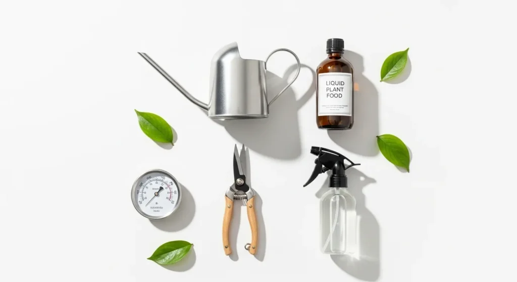 Plant care tools including watering can, fertilizer, humidity meter, and pruning shears