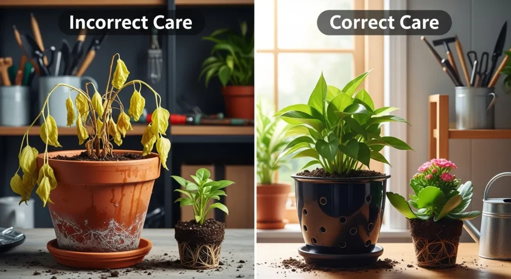 Side by side comparison showing overwatered plant versus healthy plant care