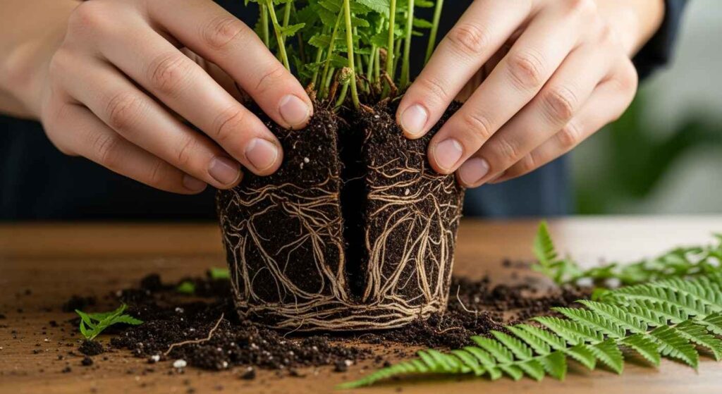 Hands separating roots of a fern plant.
