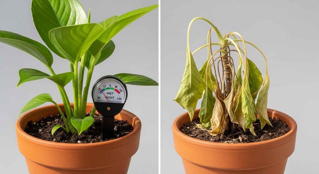 Split image of healthy and wilting plants with moisture meter.