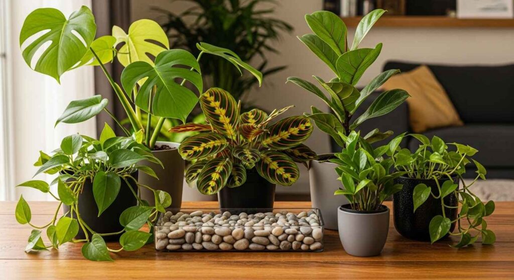Houseplants grouped together with humidity tray for winter care
