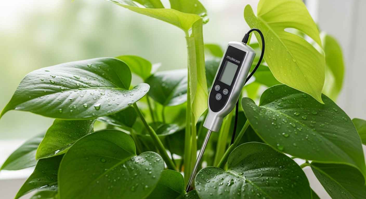 Moisture meter in potted plant with vibrant green leaves.