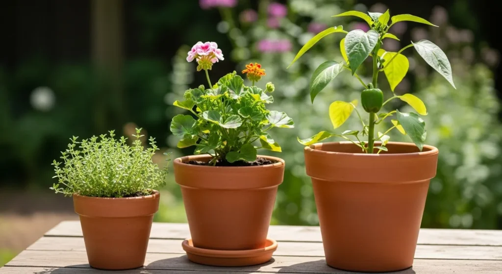 A row of potted plants showing small, medium, and large pots with herbs, flowers, and vegetables.