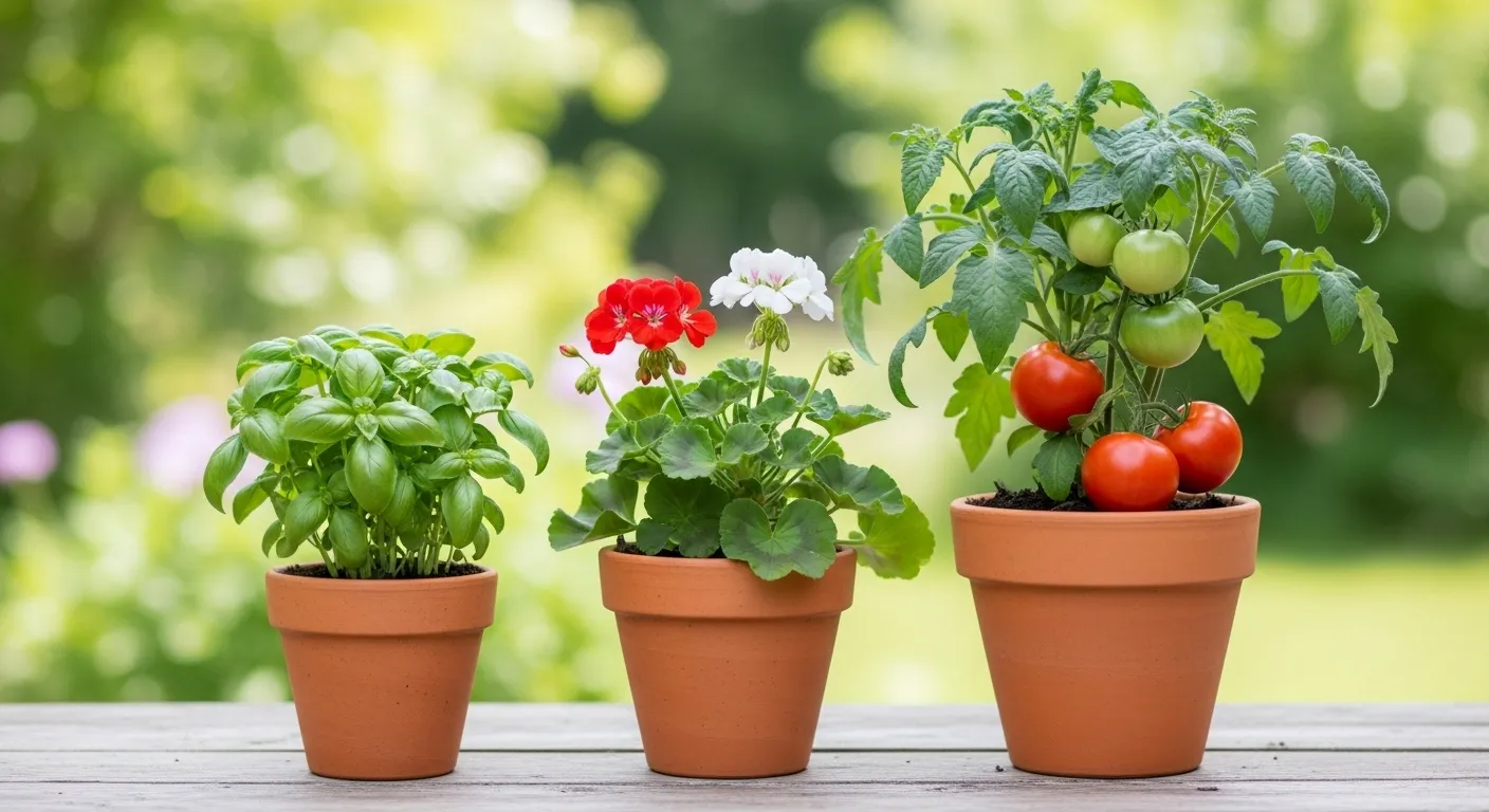 Colorful potted plants in various sizes on a wooden table.