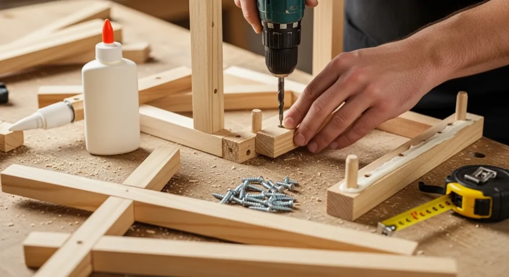 Hands assembling wooden plant stand with drill, showing construction steps and tools