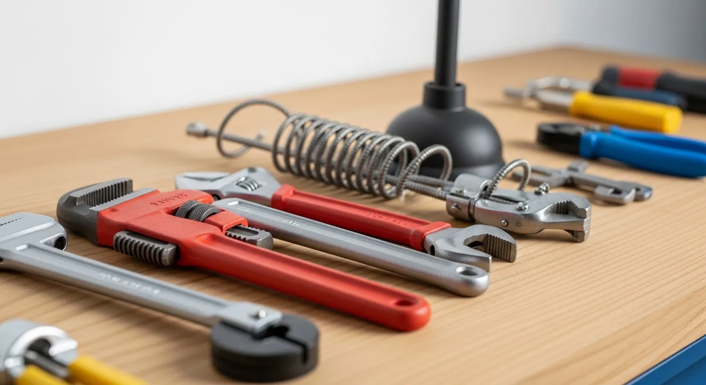 Collection of plumbing tools like wrench and plunger on a workbench.