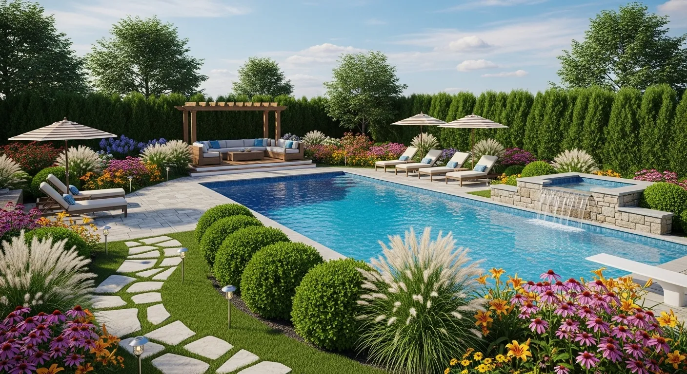 Relaxing backyard swimming pool landscaping thumbnail