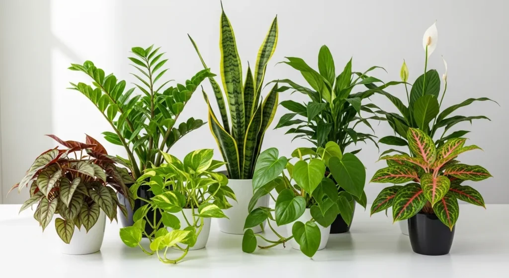 Various low-light houseplants arranged together showing ZZ plant, snake plant, pothos, and philodendron