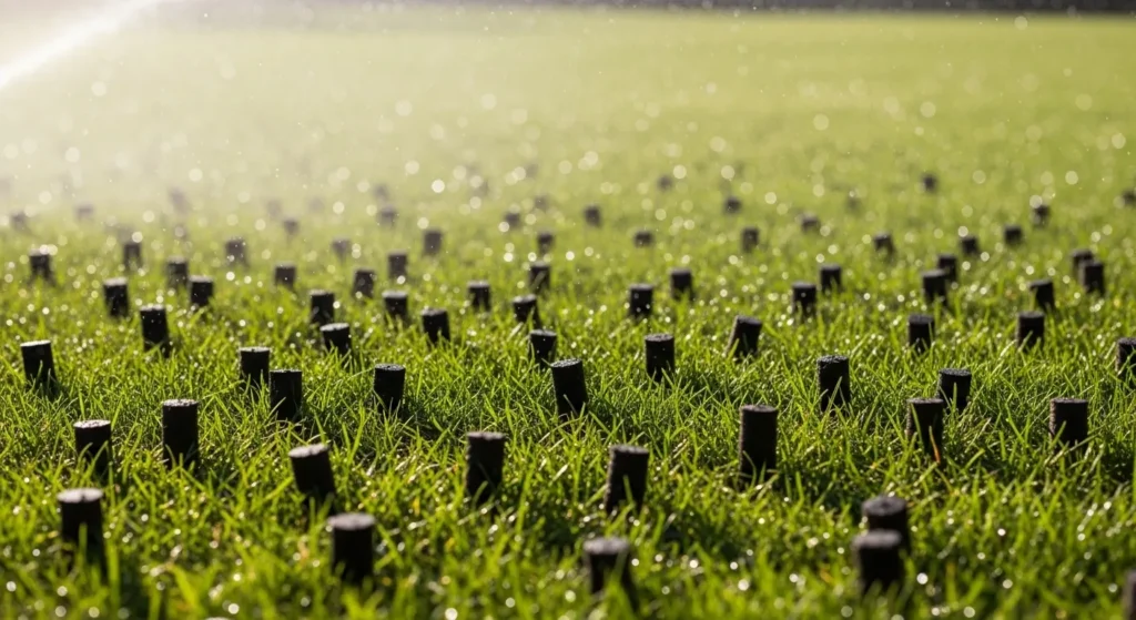 Sprinkler on aerated grass with plugs.