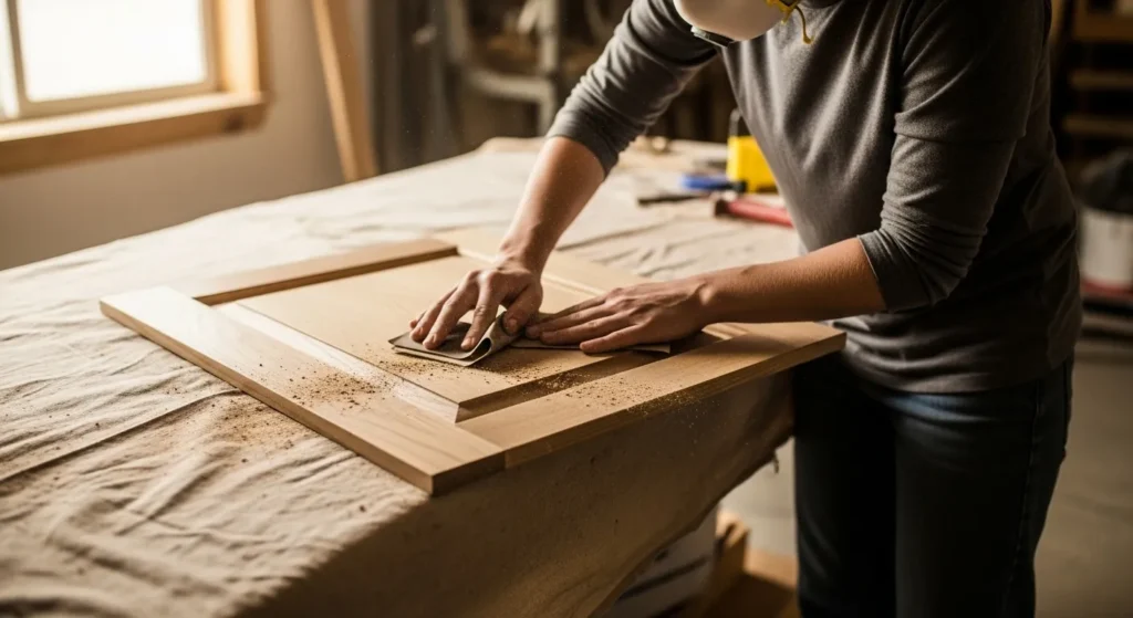 Sanding kitchen cabinet doors for paint prep.