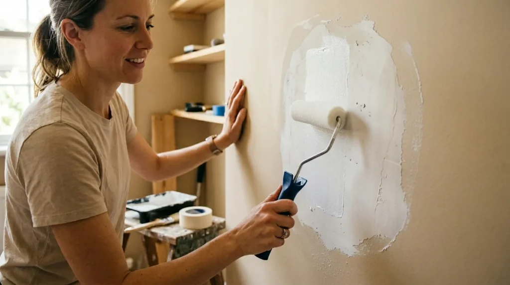 Person applying drywall primer to a patched wall section before painting