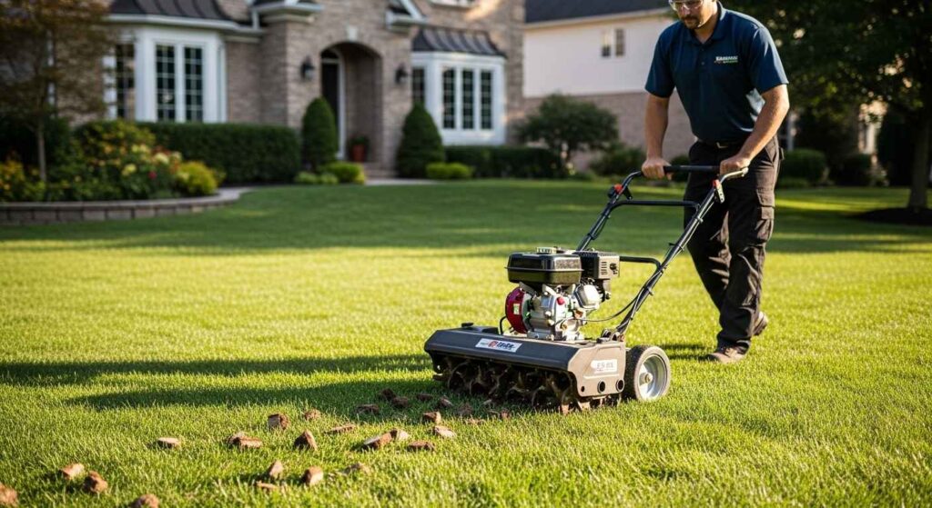 Lawn care professional operating core aerator on residential grass