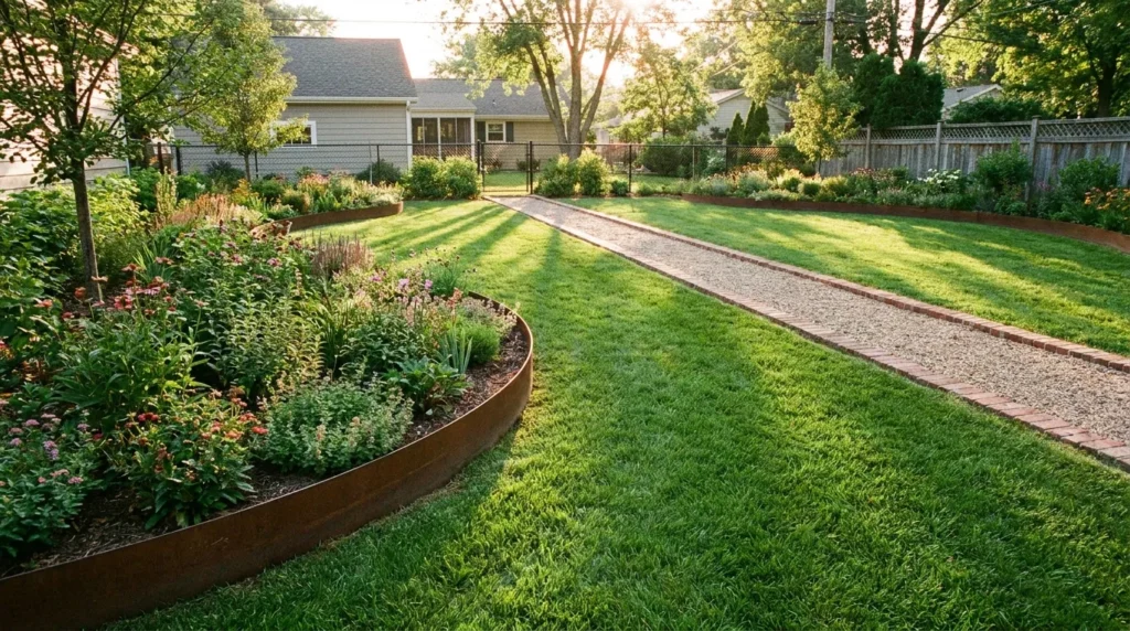 Well-edged residential backyard showing multiple edging materials installed cleanly