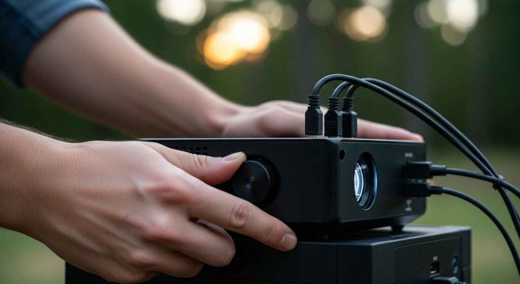 Person adjusting outdoor movie projector settings and connections