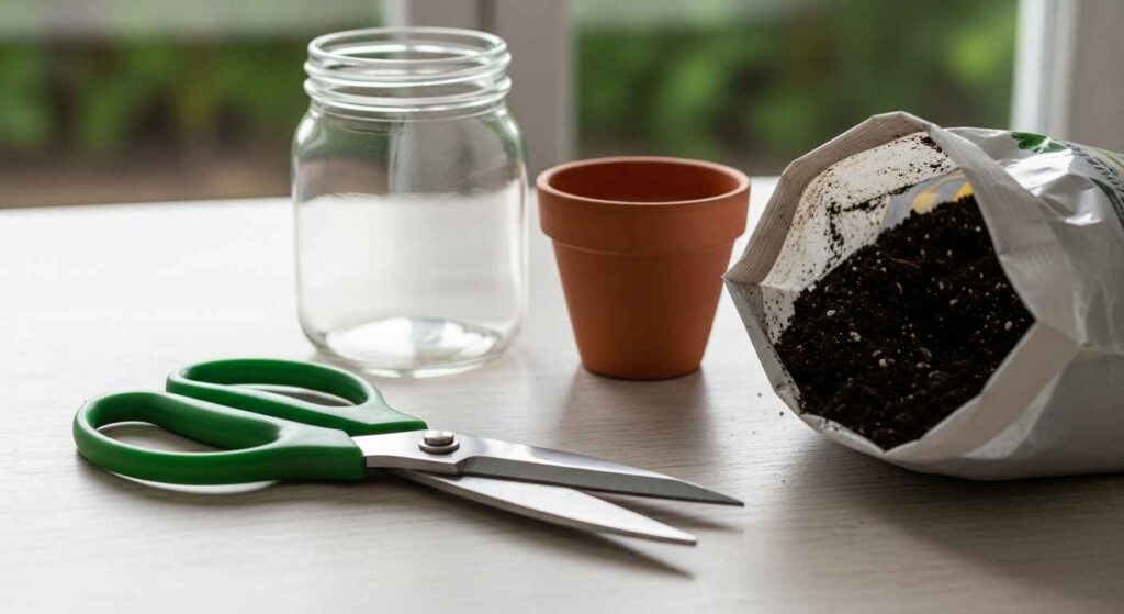 Scissors, glass jar, and potting mix for plant propagation.