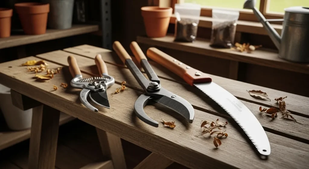 Set of hand pruners, loppers, and saw on a wooden table.