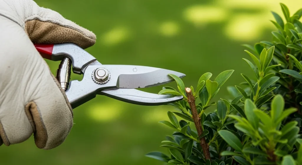 Hand using pruning shears to trim a green shrub.