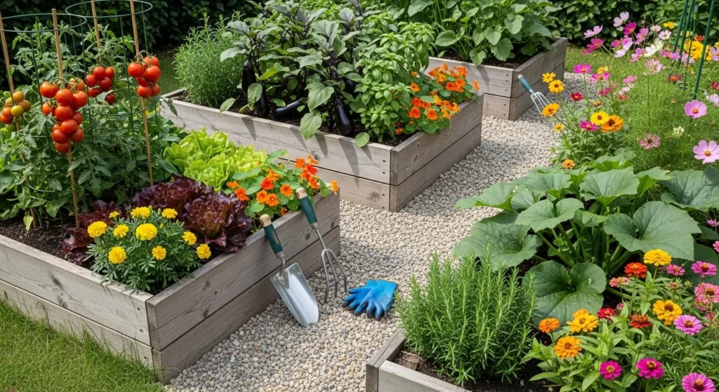 Wooden raised garden beds filled with vegetables and flowers in organized backyard