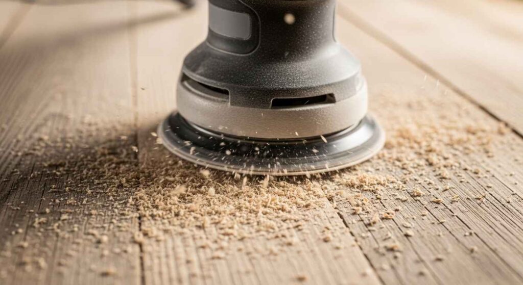 Random orbital sander in action on wood surface