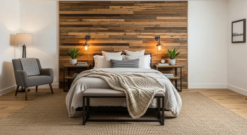 Bedroom with reclaimed barn wood accent wall behind bed