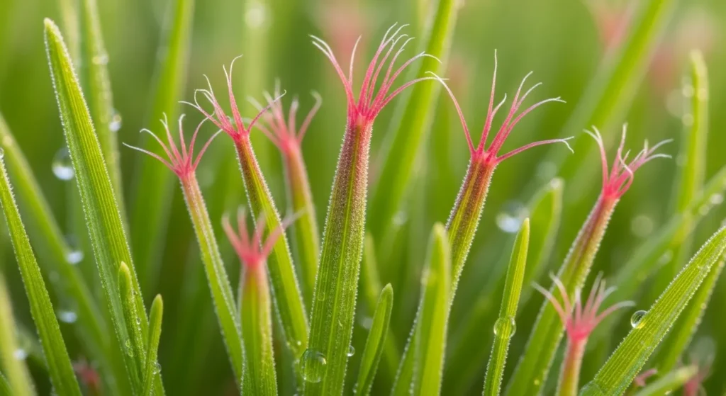 Close-up of grass blades affected by red thread disease with visible pink threads