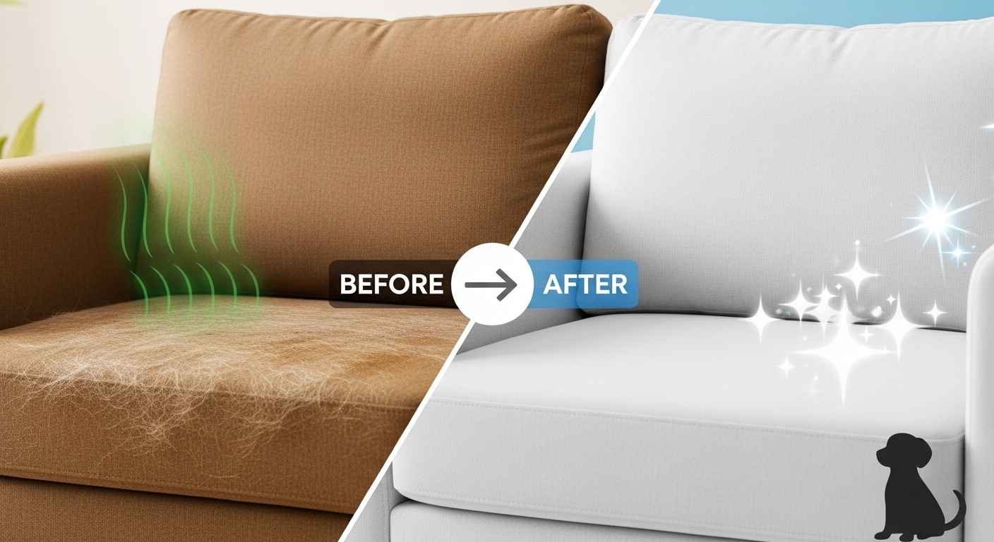 Before and after comparison showing furniture transformation from pet odors to clean fresh upholstery