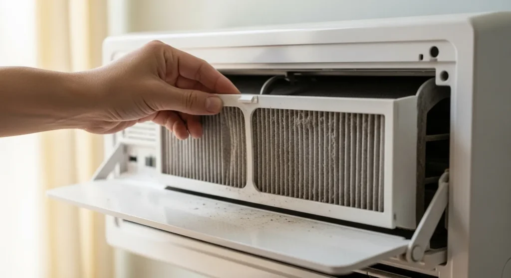 Hand pulling out dirty AC filter from unit.