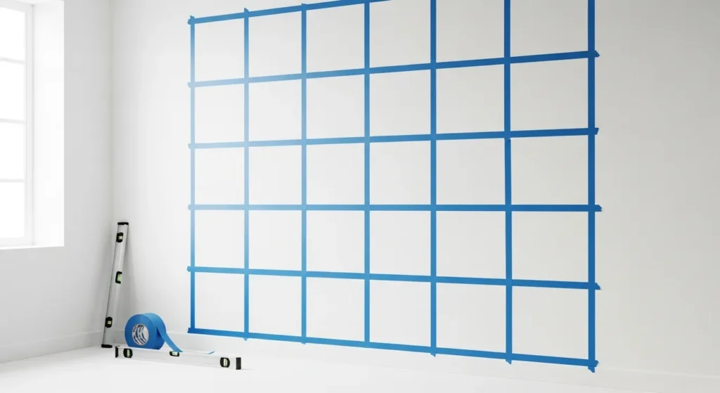 Wall with blue painter's tape in grid pattern, ready for removable wallpaper application