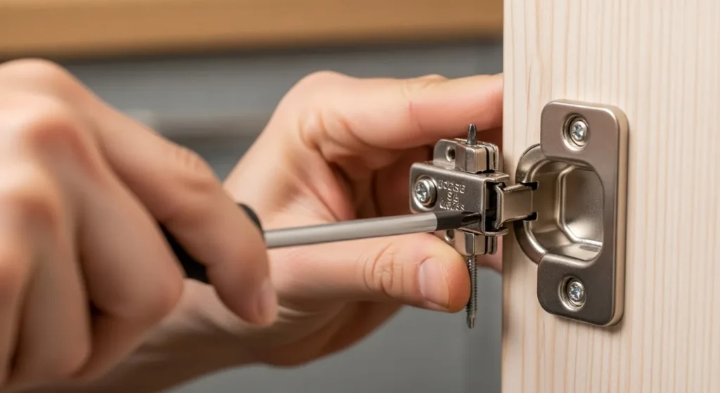 Step of replacing a broken cabinet hinge.