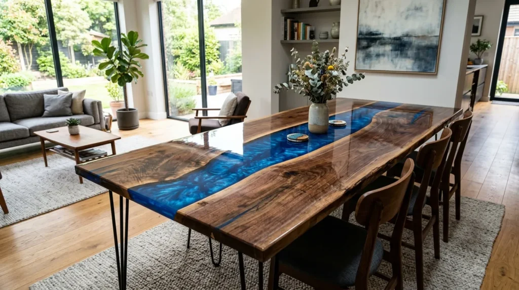 Finished DIY resin river table made from reclaimed walnut slabs with blue epoxy resin river and hairpin legs
