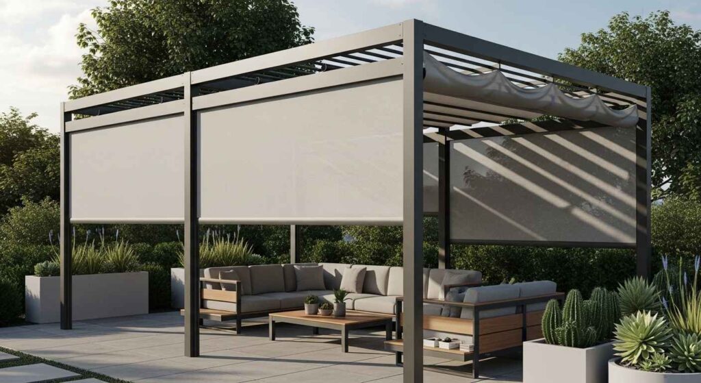 Pergola with retractable canopy system for weather protection