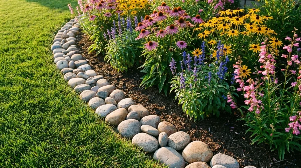River rock garden border edging along a flower bed