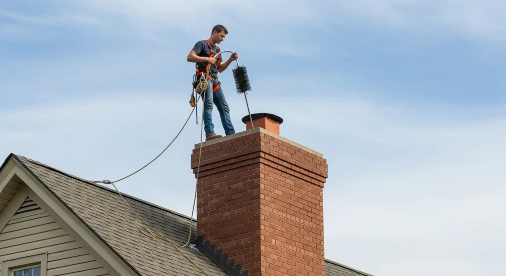 Person on roof using chimney brush and rods to clean.