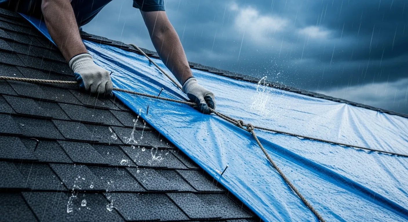 Eye-catching image of temporary roof leak repair with tarp during rain.