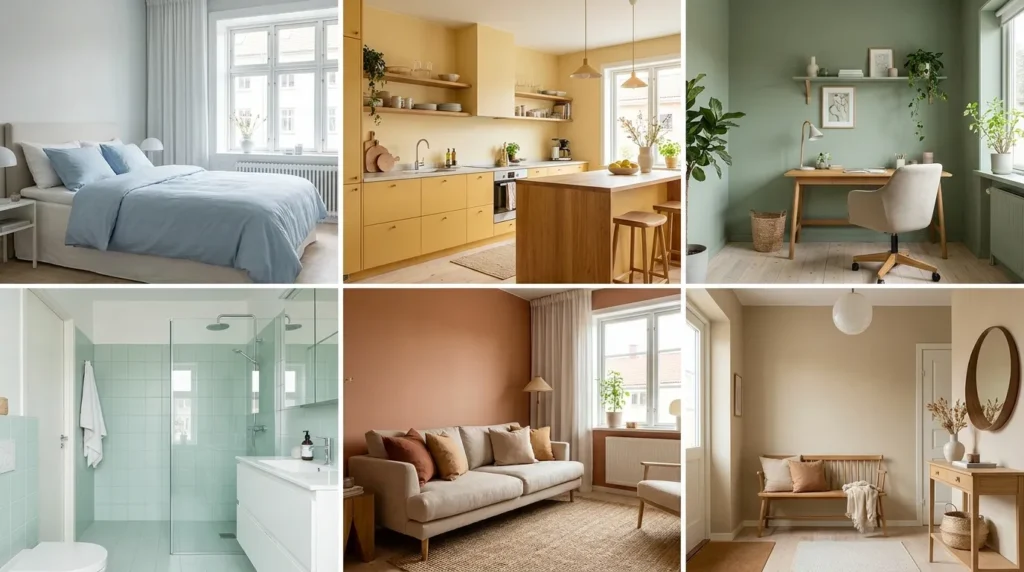 Room by room paint color psychology guide showing bedroom kitchen office bathroom living room and entryway in mood-matching hues
