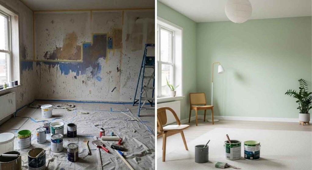Before and after room transformation using eco-friendly paint
