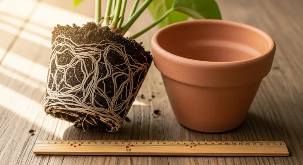 A close-up of a plant’s root ball next to a slightly larger clay pot on a garden table.