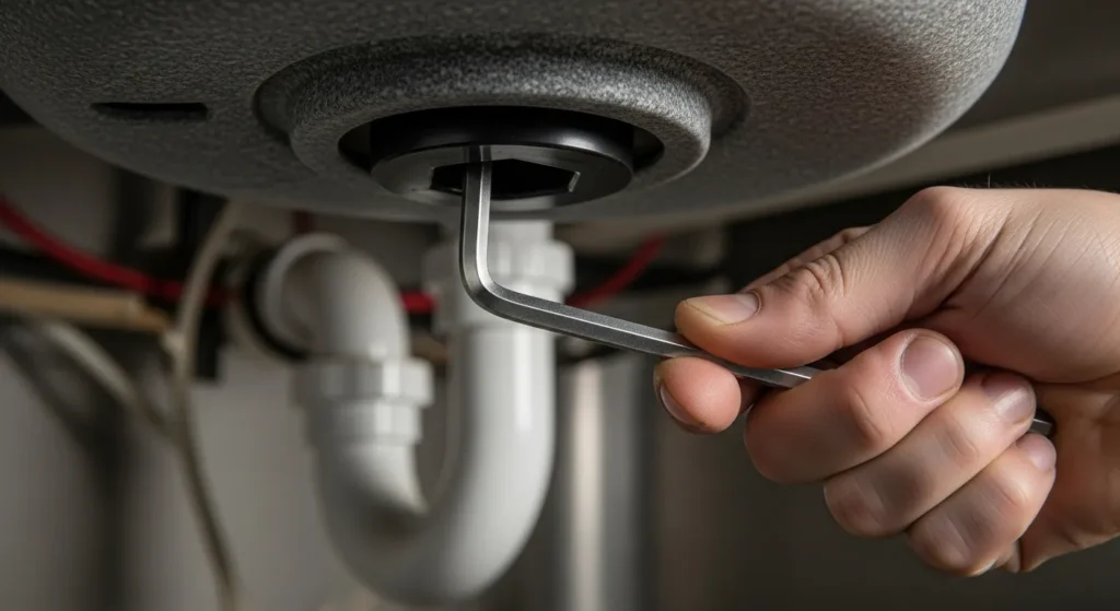 Hand holding Allen wrench in garbage disposal bottom hex hole.