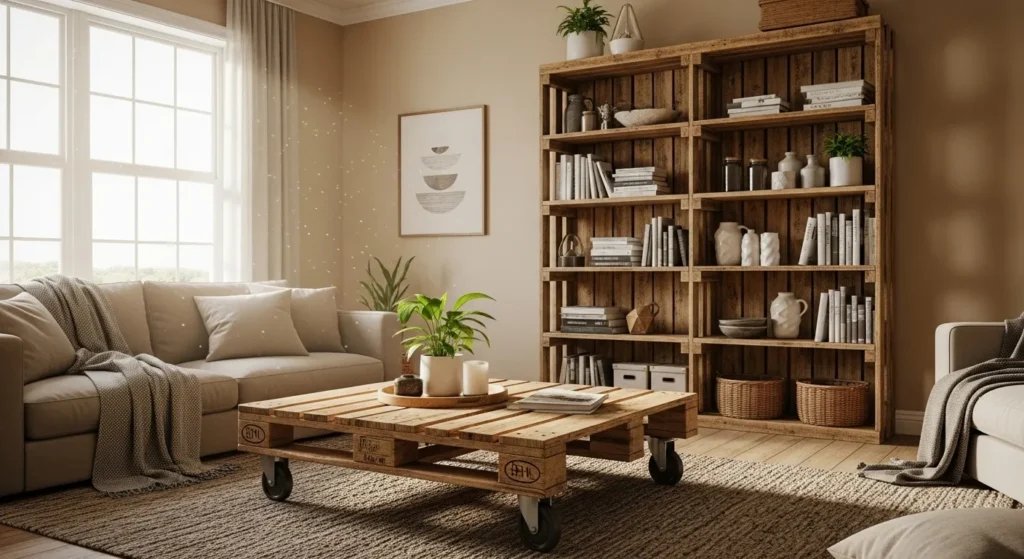 Rustic pallet wood coffee table with wheels next to a tall pallet bookshelf in a cozy living room