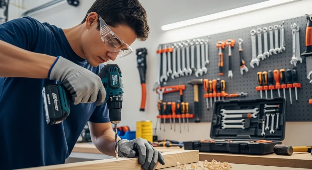 Person in goggles and gloves doing home repair.