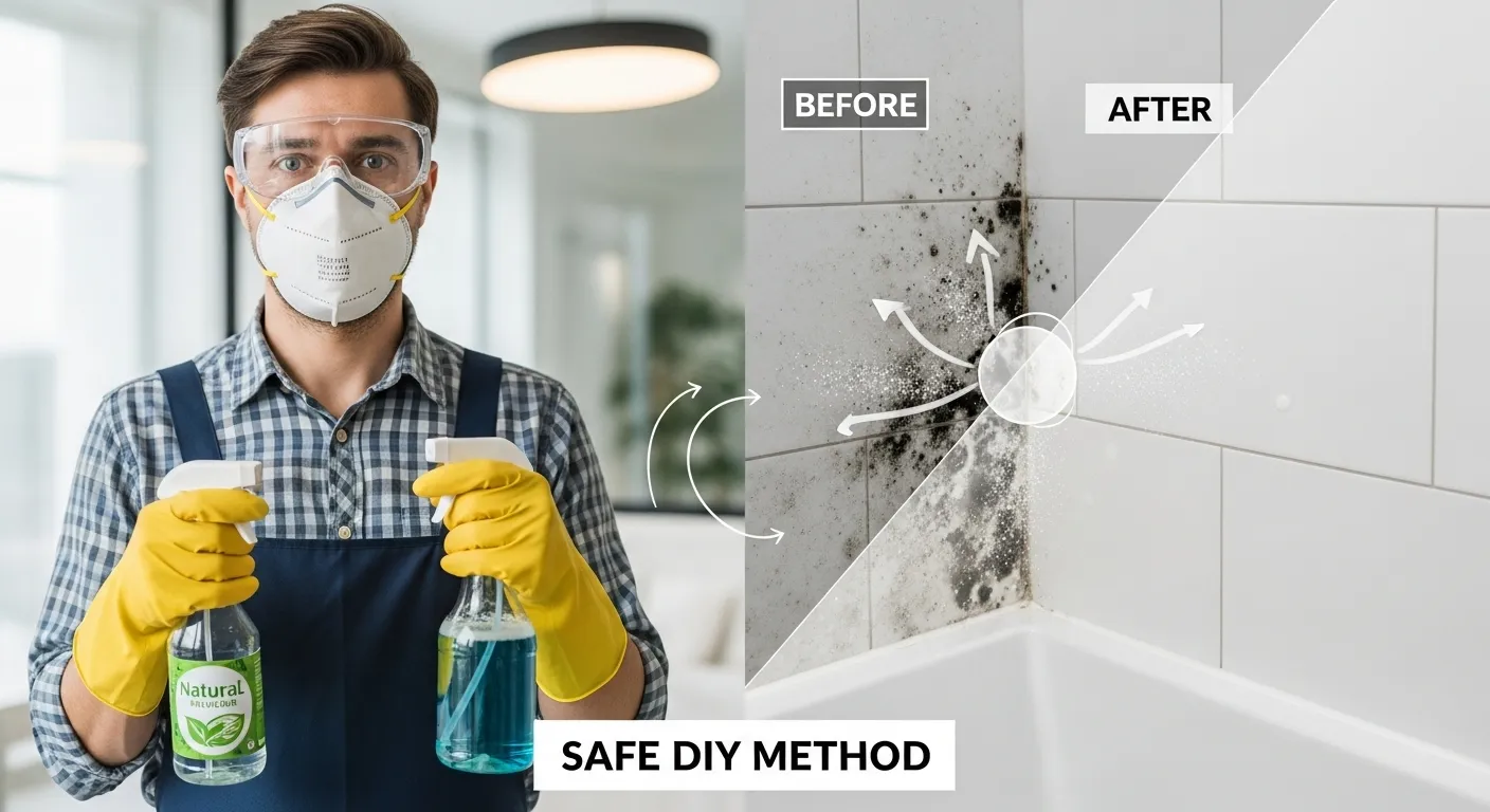 Homeowner in safety gear removing mold with before and after comparison showing clean bathroom tiles