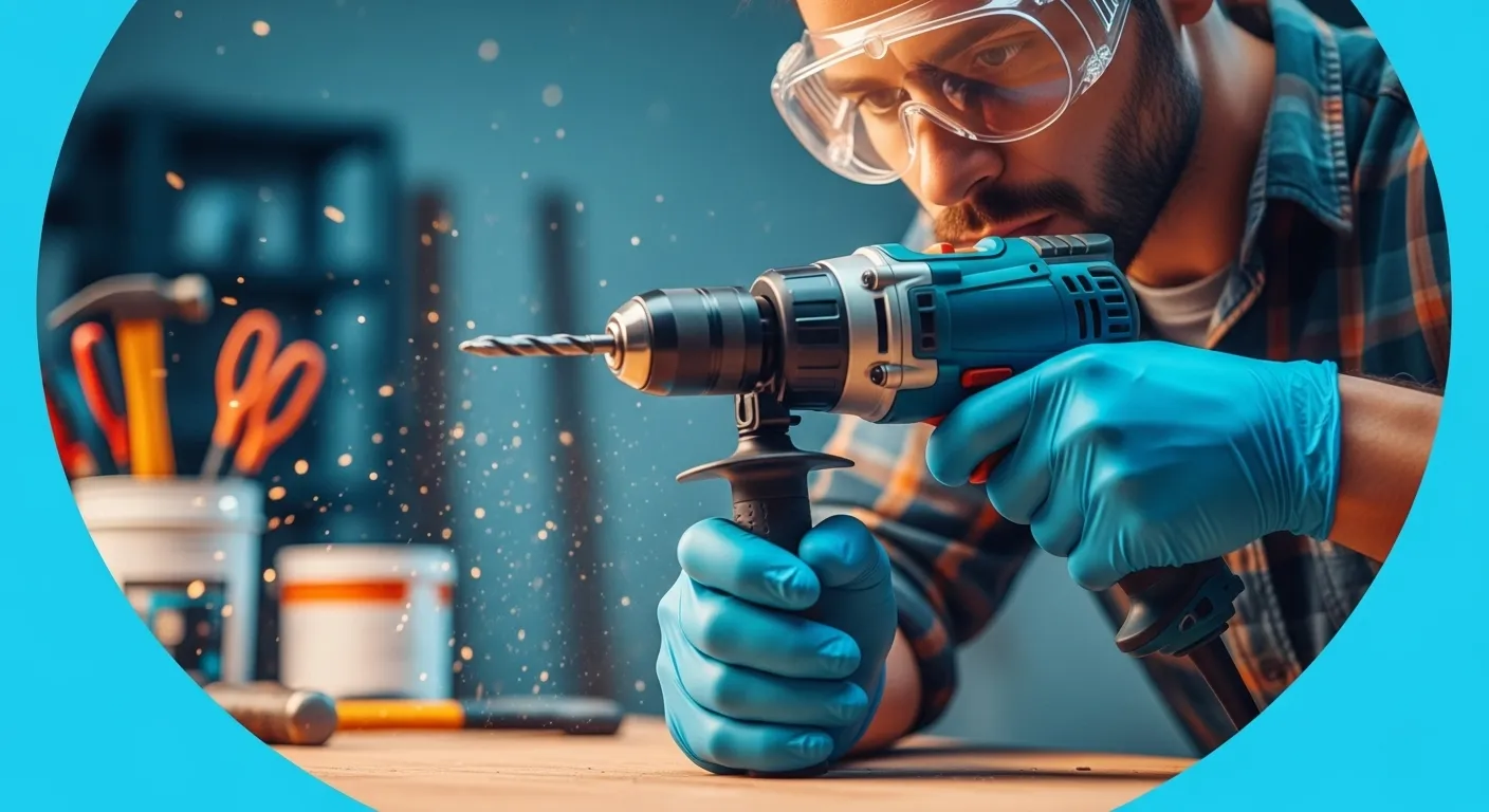 Person wearing safety goggles and gloves using a power tool.