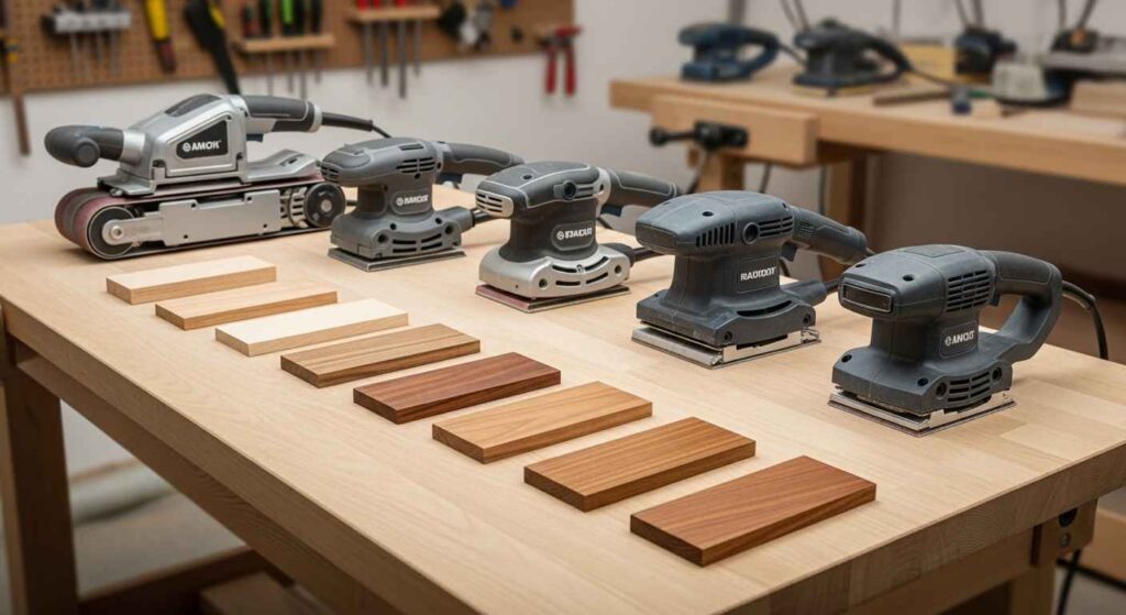 Various sanders displayed on workbench with wood finish samples