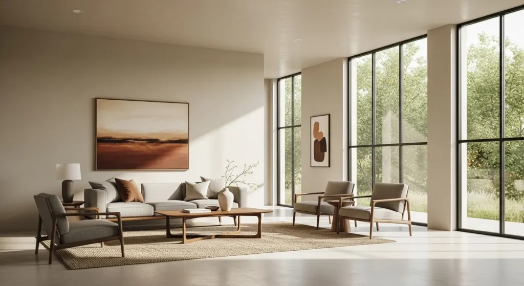 Modern living room with walls painted in warm beige satin finish paint