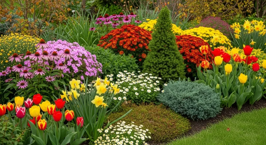 Mixed garden bed with plants providing color across all four seasons