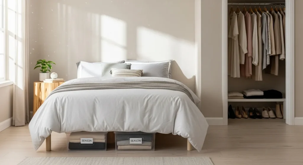 Organized bedroom showing seasonal bedding storage and clothing rotation system