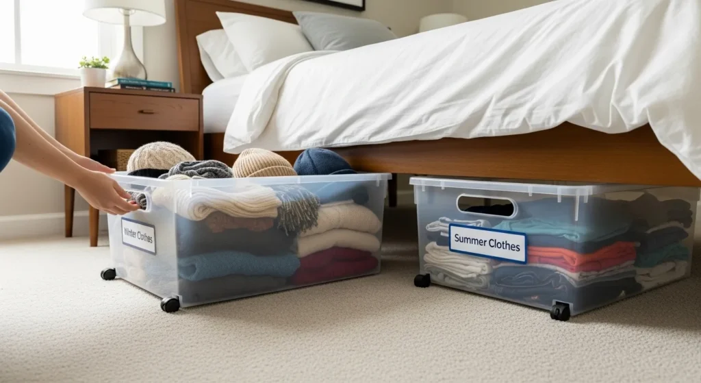 Under-bed storage boxes containing folded seasonal clothing